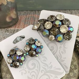 Vintage Karu Arke Art Glass Smokey Gray Aurora Borealis Brooch Pin Clip Earrings